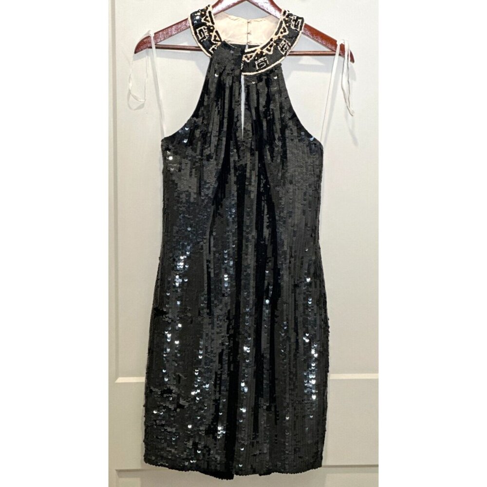 AJ Bari Vtg Halter Neck Black and White Silk Sequins Short Dress Size S - Picture 5 of 13
